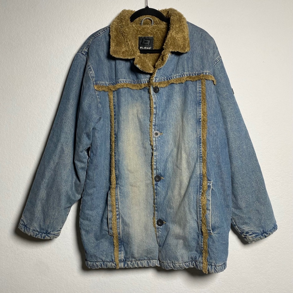 VTG BLEND of America‎ Denim Jacket Mens L Sherpa Collar Trim Lining Button Front